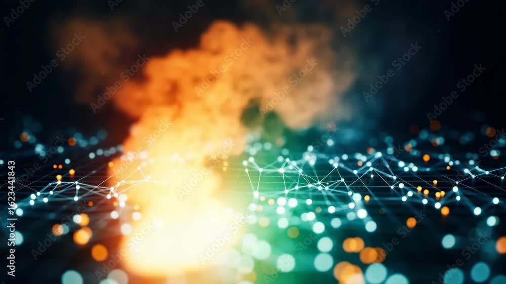 Poster a vibrant digital landscape featuring colorful smoke and glowing particles creating a dynamic atmosp