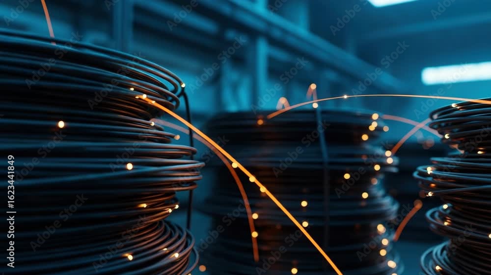 Poster close-up view of coiled wires illuminated with glowing light strands in an industrial setting showca