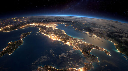 Fototapeta premium Illuminated Earth Coastlines Under Starry Sky night satellite