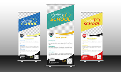 Education and school admission banner design template, education roll-up banner design template, and three-color stand banner bundle