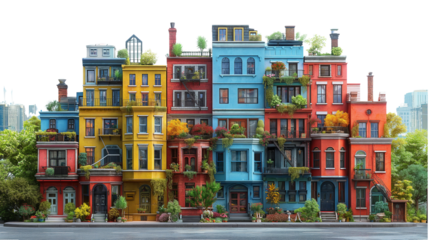 Colorful city apartment buildings with rooftop greenery and artistic facades. Urban residential architecture for real estate, design. Isolated on transparent background, png