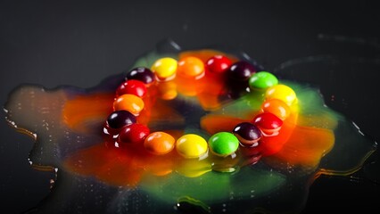 Vibrant candy circle melting on dark surface creating colorful puddle