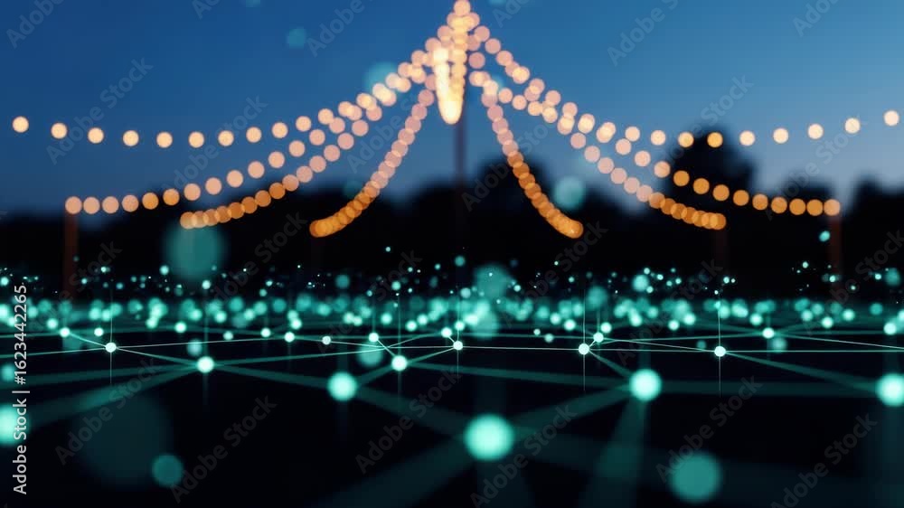 Poster a mesmerizing evening scene featuring glowing teal lights and soft bokeh effects with decorative str