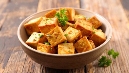Delicious Golden Fried Tofu Cubes in a Bowl