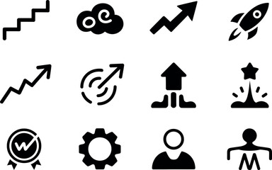 Bold Black Vector Icons: Growth, Success, and Achievement