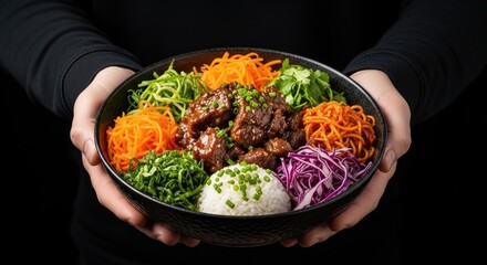 A delicious and colorful asian dish with meat, vegetables, and rice served in a black bowl