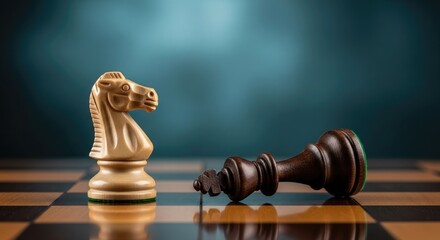 A fallen king and a standing knight on a chessboard, symbolizing defeat and strategy in a game