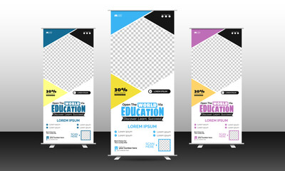 Roll-up banner template design for back-to-school. Illustration for a school admission banner used in marketing.