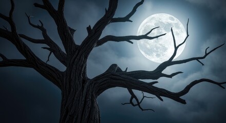 A gnarled, bare tree silhouetted against a large, luminous full moon in a dark, cloudy night sky, creating a spooky atmosphere