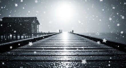 A lonely wooden pier stretches into a foggy winter landscape with falling snow