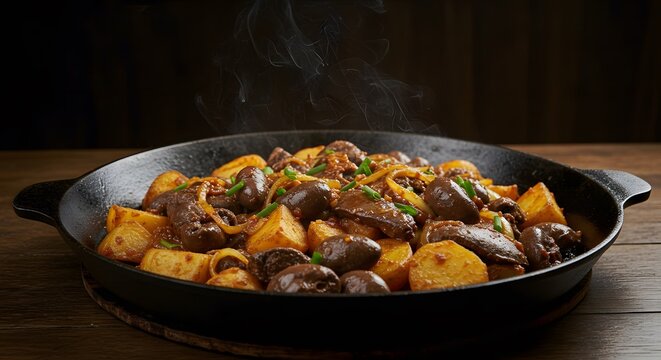 An iron skillet of kuyrdak with organ meats on a restaurant table
