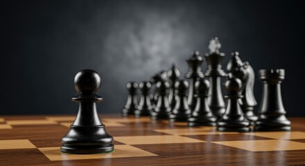 A single black chess pawn stands in focus on a wooden chessboard, facing a blurred army of black pieces