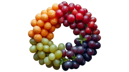 Colorful fruit wreath made from grapes and citrus arranged in gradient circle. Creative healthy food concept for nutrition, design, and advertisement visuals. Isolated on transparent background, png