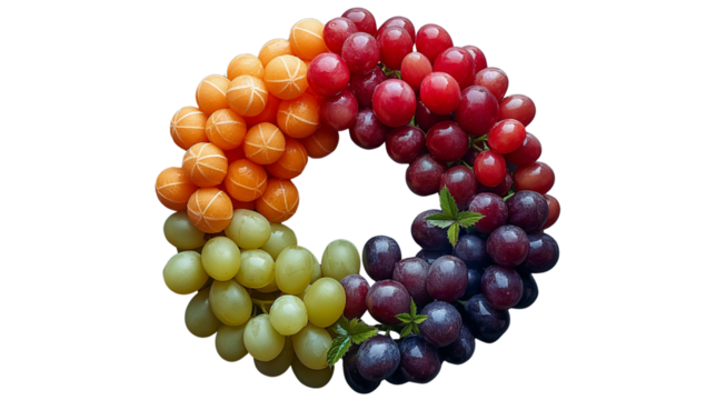 Colorful fruit wreath made from grapes and citrus arranged in gradient circle. Creative healthy food concept for nutrition, design, and advertisement visuals. Isolated on transparent background, png