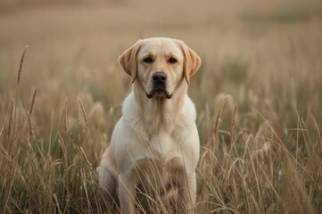 Yellow Lab sits in tall grass field, sunset