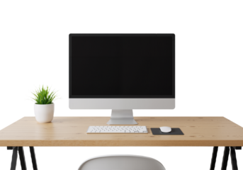 Modern All-in-One Workspace with Wooden Desk and Greenery