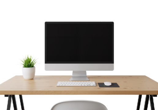 Modern All-in-One Workspace with Wooden Desk and Greenery