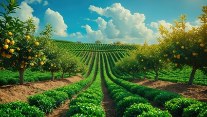 Naklejka premium Lemon orchard and green vegetable farm, agriculture landscape, sunny sky and clouds, rural farming environment, vibrant colors and lush greenery.
