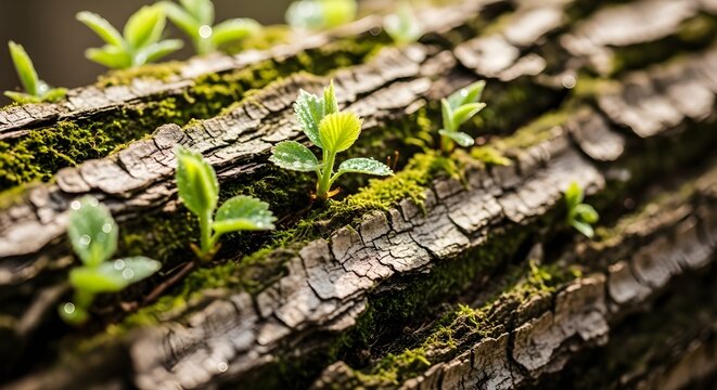 Tree Bark and Green Plant Close-Up