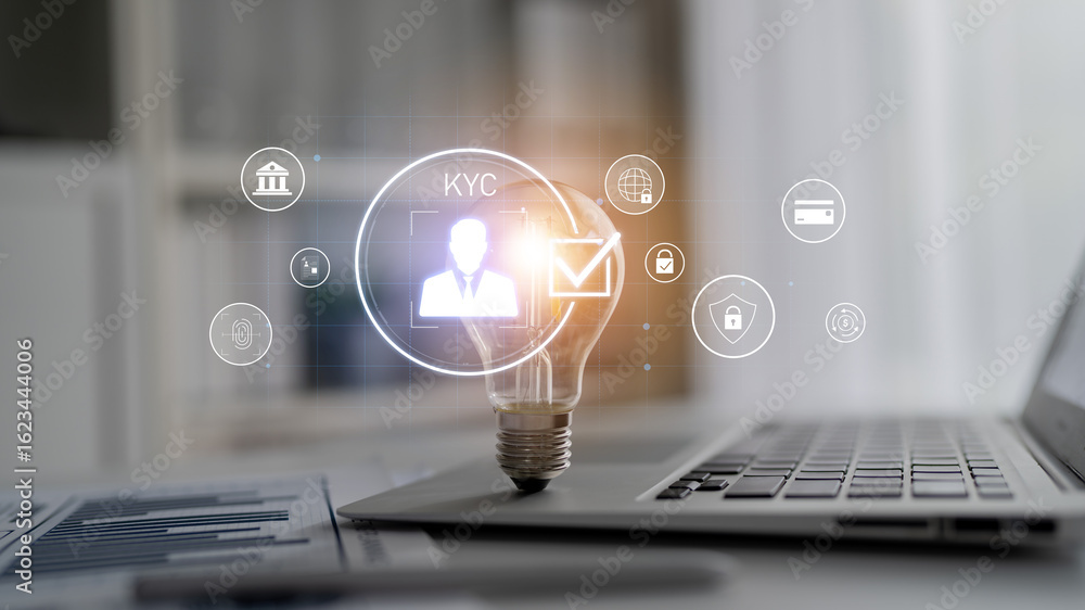 Aufkleber digital kyc verification with biometric scan, id authentication, and financial security icons repres