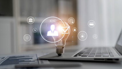 Digital KYC verification with biometric scan, ID authentication, and financial security icons...