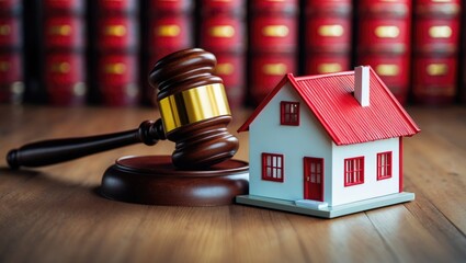 A house model placed next to a judge's gavel with legal books in the background.