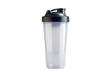 Isolated view of a clear protein shaker bottle with a black lid top on transparent background