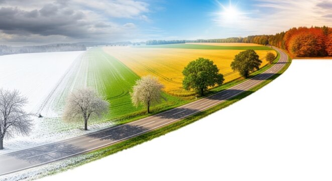 Four season landscape with road and trees isolated on white background