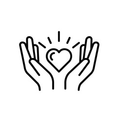 Obraz premium Vector art of open hands holding a glowing heart, symbolizing love, care, and support, isolated on white background