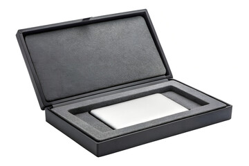 Close up of a black box with a white card inside on a white background on transparent background