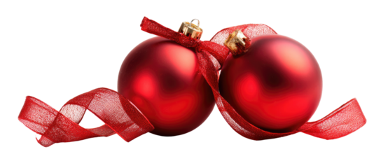 Two glossy red Christmas ornaments with a red ribbon