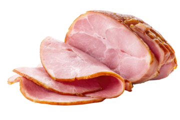 Sliced, cured ham, presented on a black background.  A section of the whole ham is visible, with slices of the pinkish-pale meat curling around each other, and a slightly darker, browned exterior