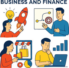 Business and Finance Illustrations: Innovation, Marketing Strategy, and Growth Metrics