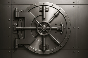 Steel bank vault door with circular locking mechanism, secure financial storage concept, dark metallic finish, security and privacy symbol
