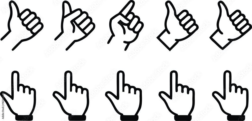 Poster collection of hand gestures pointing up silhouette isolated on transparent background