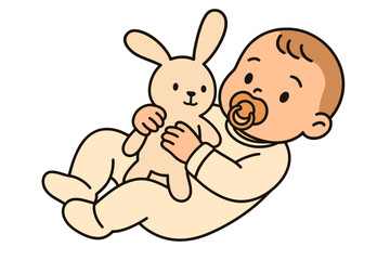 Vector illustration of a baby cuddling a rabbit plush toy