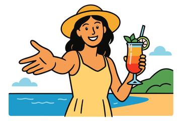 Vector illustration of a cheerful woman in hat greeting with open arms