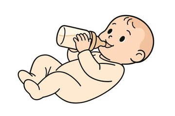 Vector illustration of a cozy baby lying down drinking from a bottle
