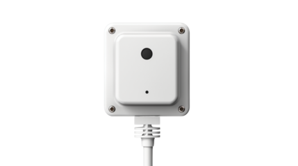 Modern wall-mounted sensor device with Ethernet cable isolated on white. Smart home technology for security, automation, and environmental monitori . Isolated on transparent background, png