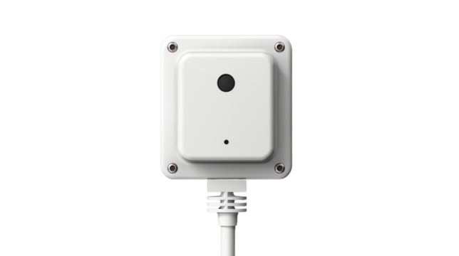 Modern wall-mounted sensor device with Ethernet cable isolated on white. Smart home technology for security, automation, and environmental monitori . Isolated on transparent background, png