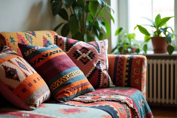 Cozy living room features sofa in bohemian style, decorated with colorful kilim throw and ethnic pattern pillows for warm and eclectic interior design