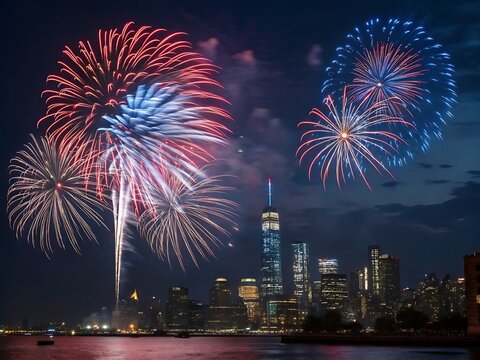 Colorful fireworks exploding over a city skyline at night isolated on white background