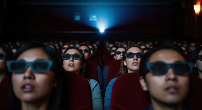 Audience in a movie theater wearing 3D glasses, focused on the screen