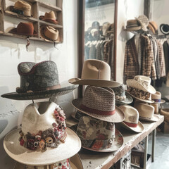 Vintage and designer hats on the counter of a cozy boutique. 