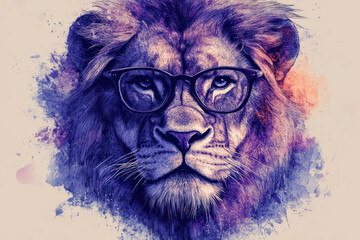 Stylish artistic illustration of a lion in glasses, made in watercolor and graphic techniques.  