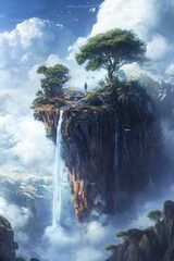 A fantastic landscape with a floating rock covered with greenery and trees.  