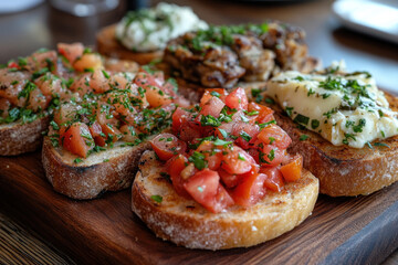 Appetizing Italian bruschetta laid out on a wooden board. 