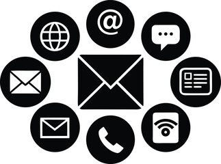 Contact icons arranged around a central envelope silhouette isolated on transparent background