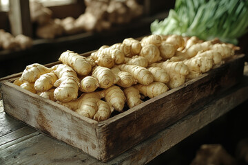 Fresh ginger root neatly arranged in a wooden crate at a village market or farm stand. 