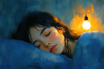 Atmospheric digital illustration of a young girl sleeping peacefully on a pillow in the warm light of a lamp.  